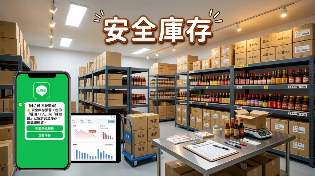 安全庫存:低於安全庫存時以 LINE 通知補貨